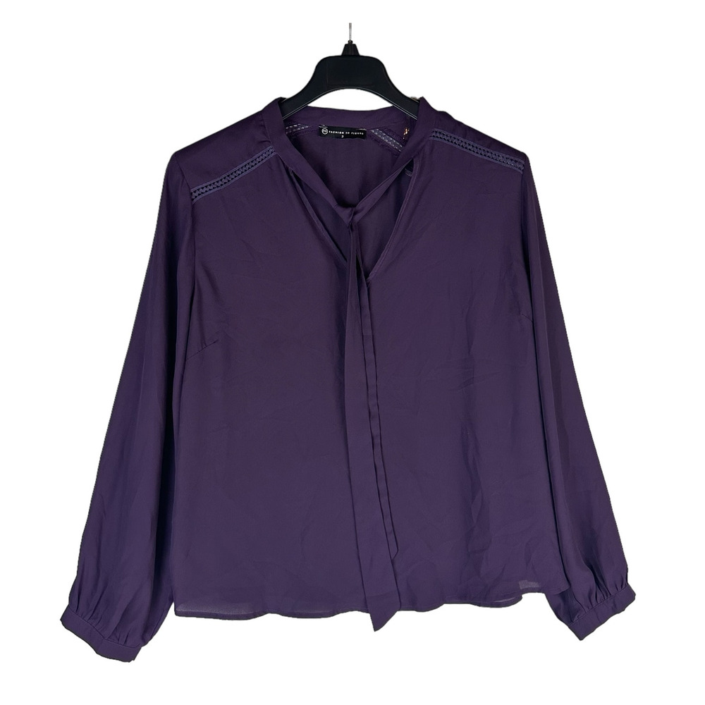 Fashion to Figure Womans Blouse 2X‎ Plus Blouse Purple Long Sleeve V Tie Neck